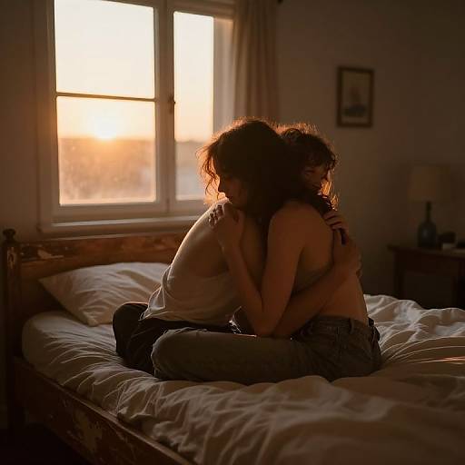 Photograph of a silhouetted, topless couple embracing on a bed during sunset, backlit by a window, in a dimly lit