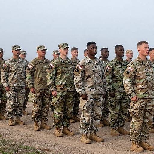 Photograph of a diverse group of male soldiers in camouflage uniforms and hats, standing in formation on a dirt ground, with a clear, pale sky background