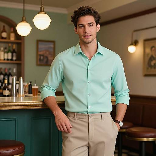 Photograph of a handsome, smiling man with short brown hair, wearing a light turquoise button-up shirt and beige pants, leaning on a bar counter in