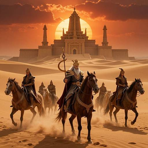 Photograph-like digital art: Four armored, regal horsemen with golden headpieces ride towards a majestic, sunlit temple in a golden desert.