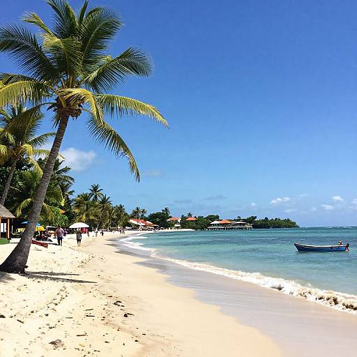 Photograph of a serene tropical beach with white sand, clear blue water, palm trees, a small boat, and a distant village under a bright blue