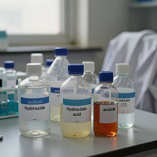 Photograph of clear plastic bottles with blue caps, labeled 