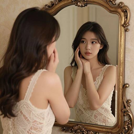 Photograph of an East Asian woman with long black hair, wearing a white lace sleeveless dress, gazing at herself in an ornate gold-fr