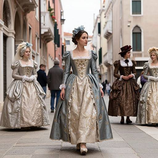 Photograph of five women in elaborate 18th-century gowns, walking down a narrow Venetian street with historic buildings. Central woman in blue