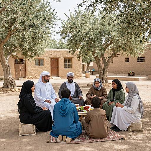 Photograph of seven Middle Eastern men and women in traditional attire, seated under olive trees in a sunlit, earthen-walled courtyard, sharing a