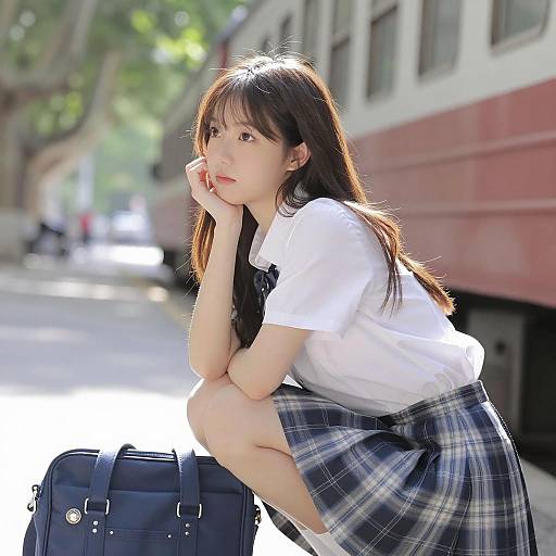 Crouching Asian Woman in Nature