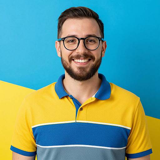 Photograph of a smiling man with a beard, black-framed glasses, and yellow-blue-gray striped polo shirt, against a bright blue background.