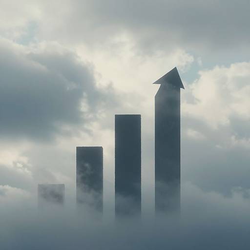 Photograph of three tall, dark skyscrapers with a pointed top on the right, partially shrouded in mist against a cloudy, sunlit