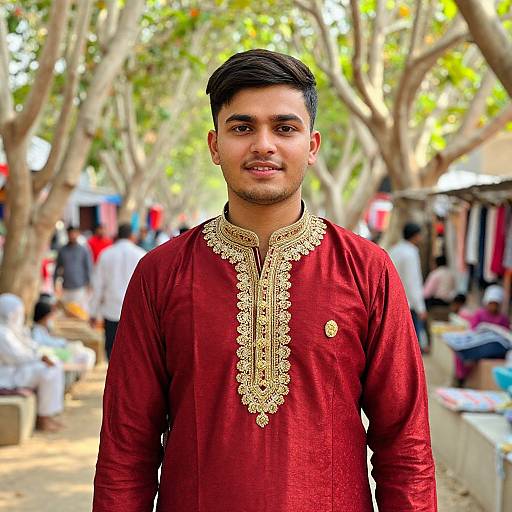 Photograph of a young South Asian man with short black hair, wearing a red traditional embroidered kurta, standing in a sunny, tree-lined marketplace.