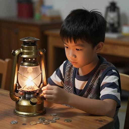 Boy Adjusting Vintage Oil Lamp Indoors