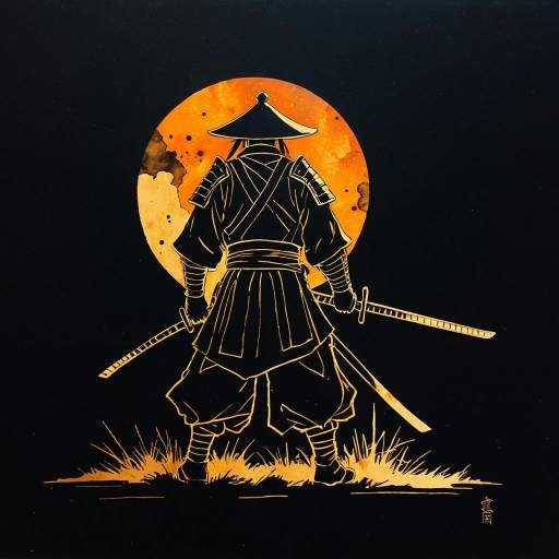 Silhouette of Samurai with Glowing Orange Ink Background