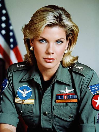 Photograph of a blonde, blue-eyed female Air Force officer in a green uniform with multiple medals, badges, and American flag in background.