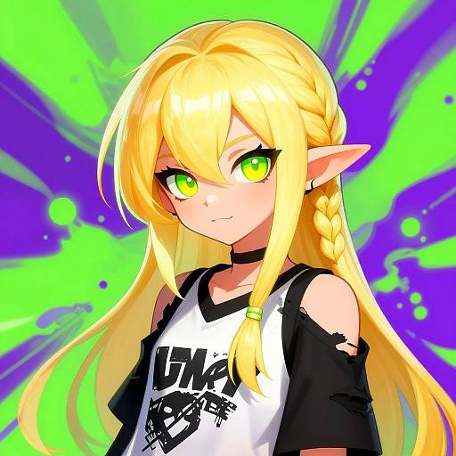 Digital anime-style drawing of a blonde elf girl with green eyes, long braided hair, wearing a black and white shirt, against a vibrant green and