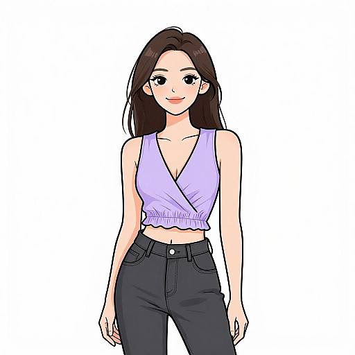 Digital anime-style drawing of a smiling woman with long brown hair, wearing a purple sleeveless top and black high-waisted pants. White background.