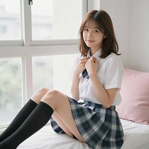 Asian Student Girl in Uniform by Window