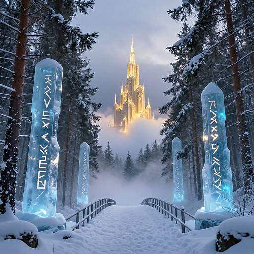 Photograph of a snow-covered forest path with glowing blue runes on icy pillars leading to a glowing, foggy castle in the distance.