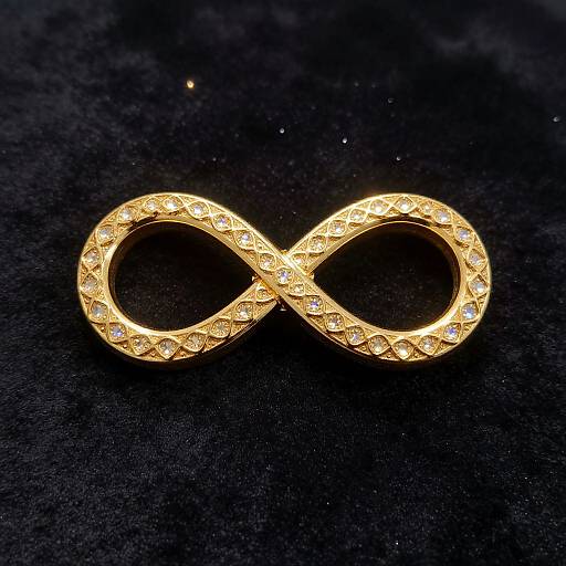 Photograph of a gold infinity ring adorned with small, sparkling diamonds, set against a dark, textured black background.