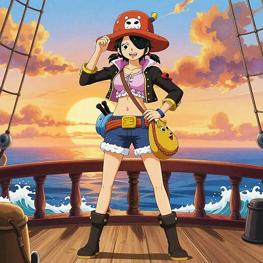 Digital anime-style drawing of a pirate girl on a ship deck at sunset, wearing a red hat with a skull, black jacket, pink top, blue