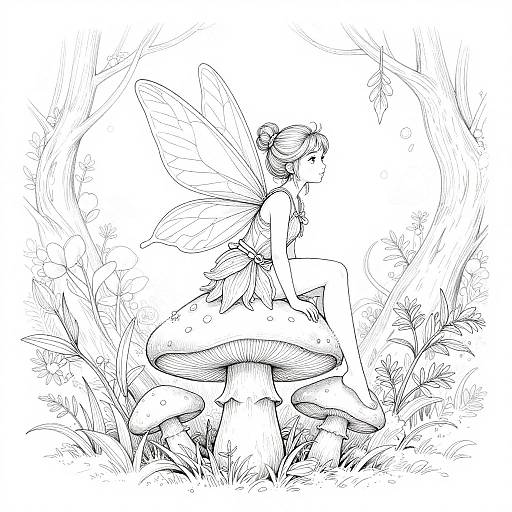 Black-and-white line drawing of a fairy with delicate wings, sitting on a large mushroom in a forest with tall grass and trees.