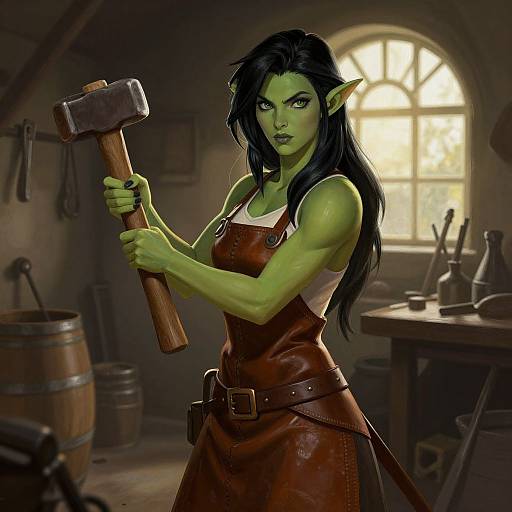 Elf Blacksmith in Dim Workshop
