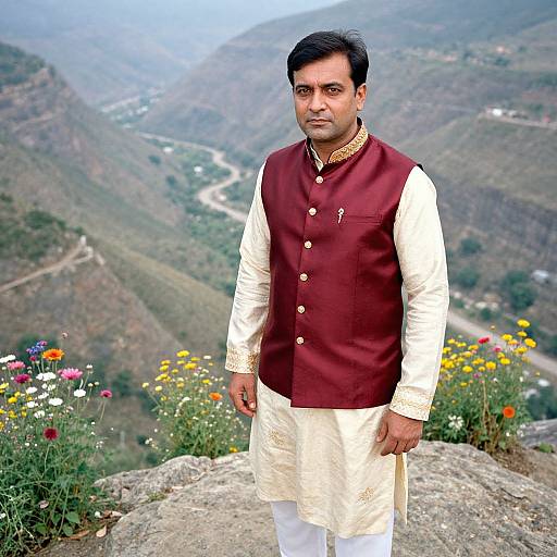 Photograph of a South Asian man with short black hair, wearing a maroon vest over a white kurta, standing on a rocky mountain ledge with