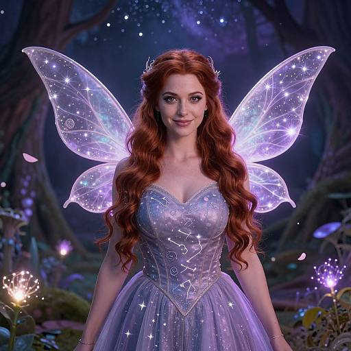 Digital artwork of a red-haired fairy with glowing, star-studded wings and a sparkling silver dress, standing in a magical forest.