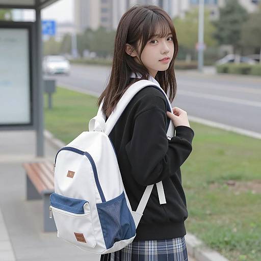Young Woman at Bus Stop in Daylight