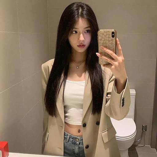 Young Woman Mirror Selfie in Warm Bathroom