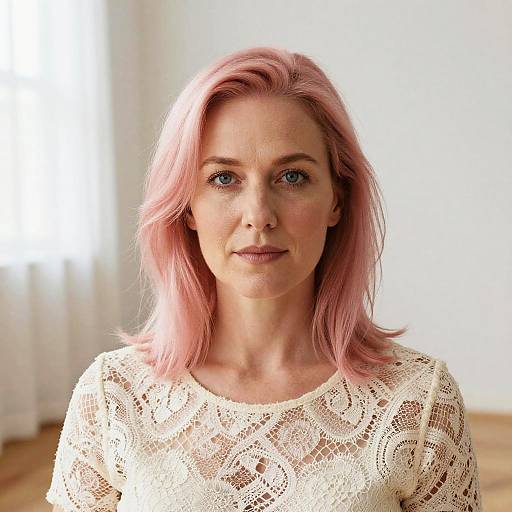 Photograph of a fair-skinned woman with pink hair, wearing a white lace top, standing against a softly lit, white background.
