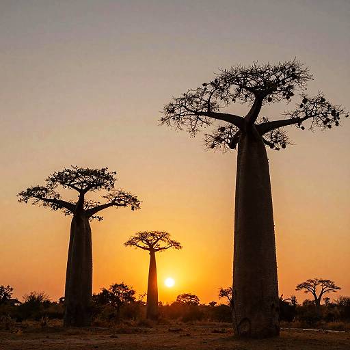 Photograph of a sunset in an African savanna, featuring three tall baobab trees silhouetted against a vibrant orange and yellow sky.