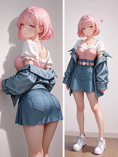 Anime Girl in Pink Dress and Denim Jacket