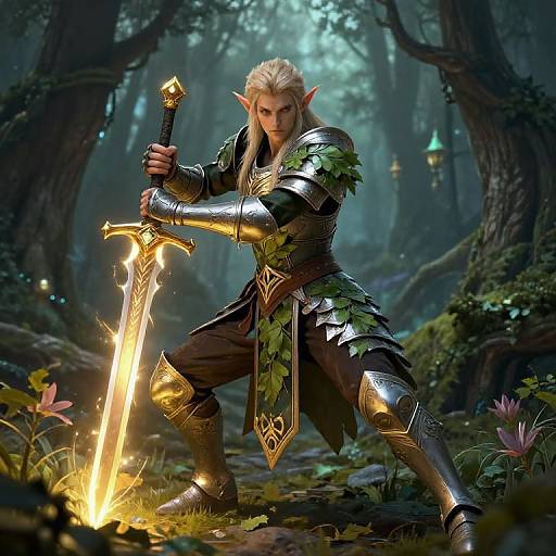 Digital art of a blond, elven warrior with pointed ears, clad in golden armor with green leaf accents, wielding a glowing sword in a mystical forest