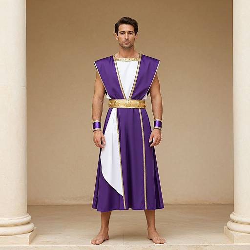 Photograph of a muscular, dark-haired man in a purple and white ancient Greek-style tunic with gold trim, gold belt, and wristbands,