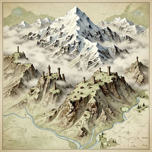 Illustration of a mountainous landscape with snow-capped peaks, rocky cliffs, ancient towers, and winding rivers, partially shrouded in mist.