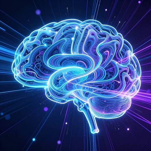 Digital artwork of a glowing, neon blue and purple human brain against a dark, starry background with radiating light lines.