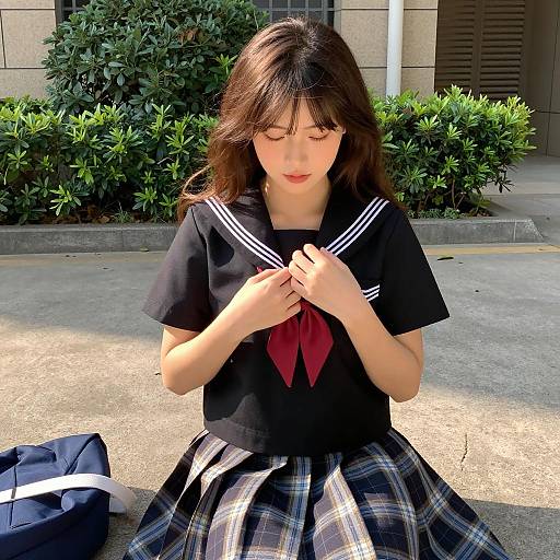 Asian Woman in Sailor-Style Outfit Sitting Outdoors