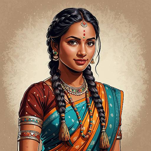 Cartoon Indian Woman in Colorful Saree