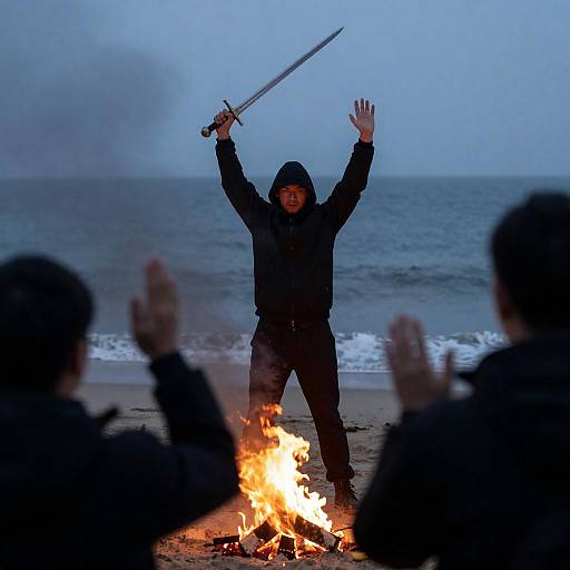 Hooded Warrior Raising Sword on Beach