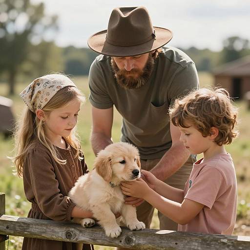 Family with Golden Retriever Puppy Outdoors