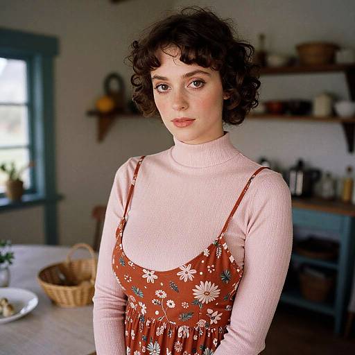 Photograph of a young woman with curly brown hair, wearing a pink turtleneck and brown floral dress, standing in a cozy kitchen.