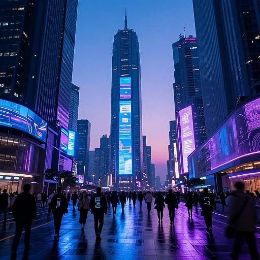 Photograph of a bustling, neon-lit city street at dusk with silhouetted pedestrians, tall skyscrapers, and vibrant blue, purple