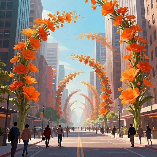 Digital artwork of a city street lined with towering, vibrant orange flowers arching overhead, surrounded by pedestrians and tall buildings.