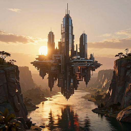 Cyberpunk Floating City at Sunset