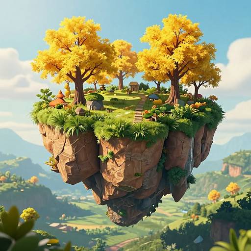Digital artwork of a floating, cliff-top island with vibrant yellow trees, lush green grass, and a wooden bench, set against a bright blue sky and