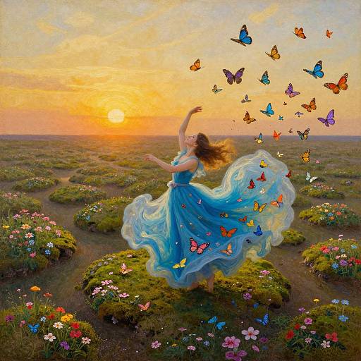 Digital painting of a woman in a flowing blue dress dancing with colorful butterflies in a vibrant, flower-filled meadow at sunset.