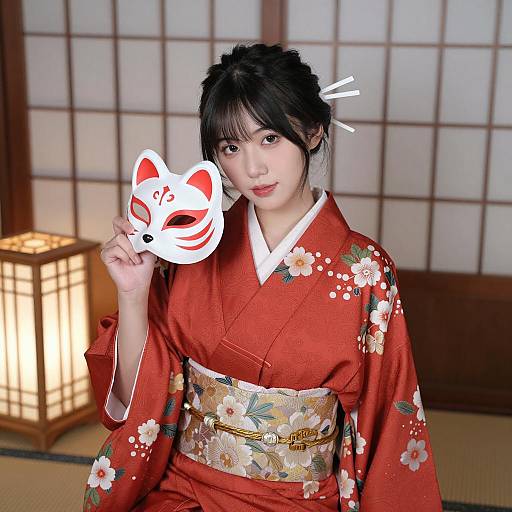 Asian Woman in Red Floral Kimono Holding Fox Mask