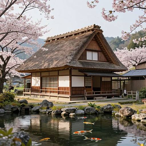 Photograph of a traditional Japanese thatched-roof house with cherry blossoms, surrounded by a tranquil pond with koi fish, and rocky edges.