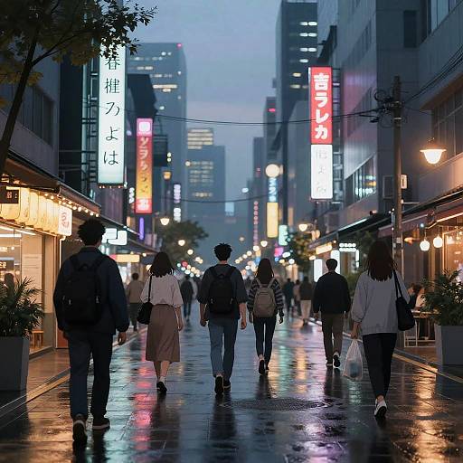 Photograph of a rainy, neon-lit city street at dusk, showing five people walking away from the camera, surrounded by illuminated Japanese signs and reflections