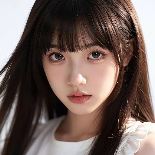 Photograph of a young Asian woman with long black hair, bangs, and fair skin, wearing a white top, gazing directly at the camera