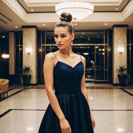 Elegant woman in black evening gown with textured top knot hairstyle Elegant woman in black evening gown with textured top knot hairstyle